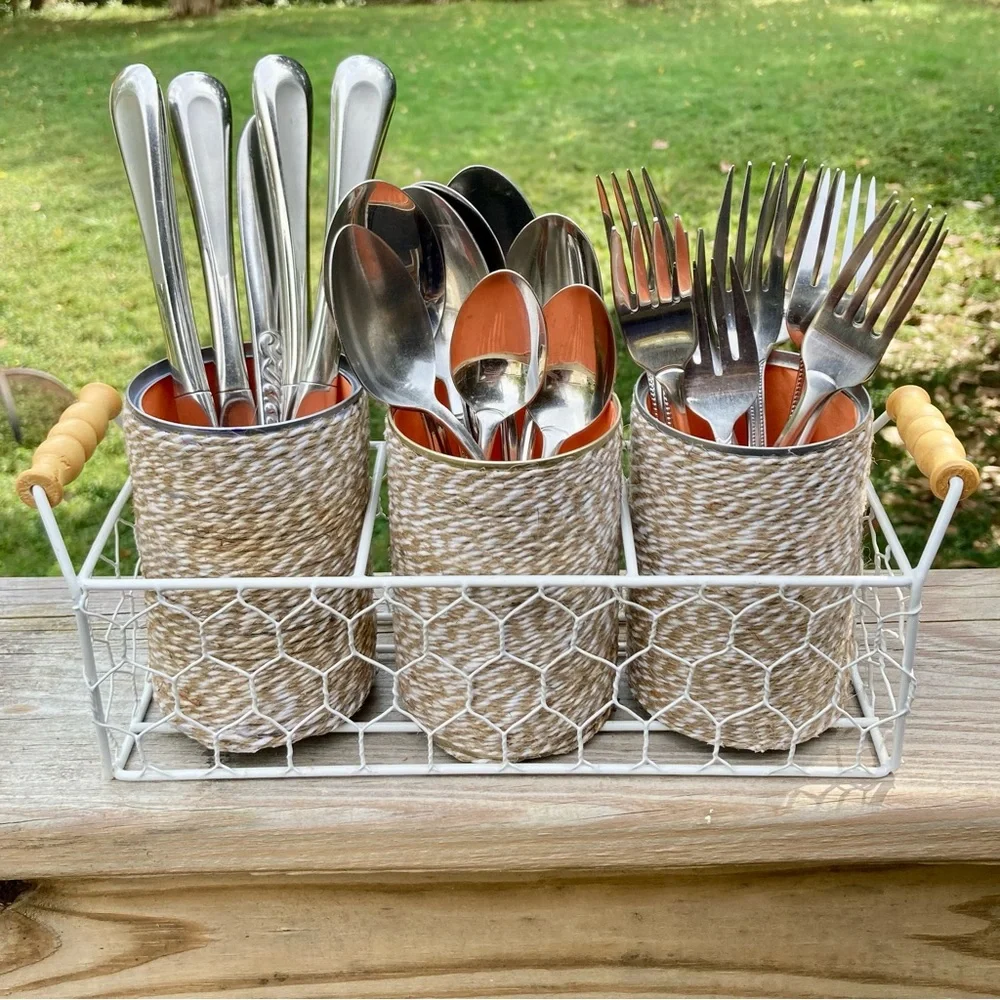 Farmhouse Shabby Chic Chicken Wire Basket Caddy Server 3 Twine Wrapped Cans